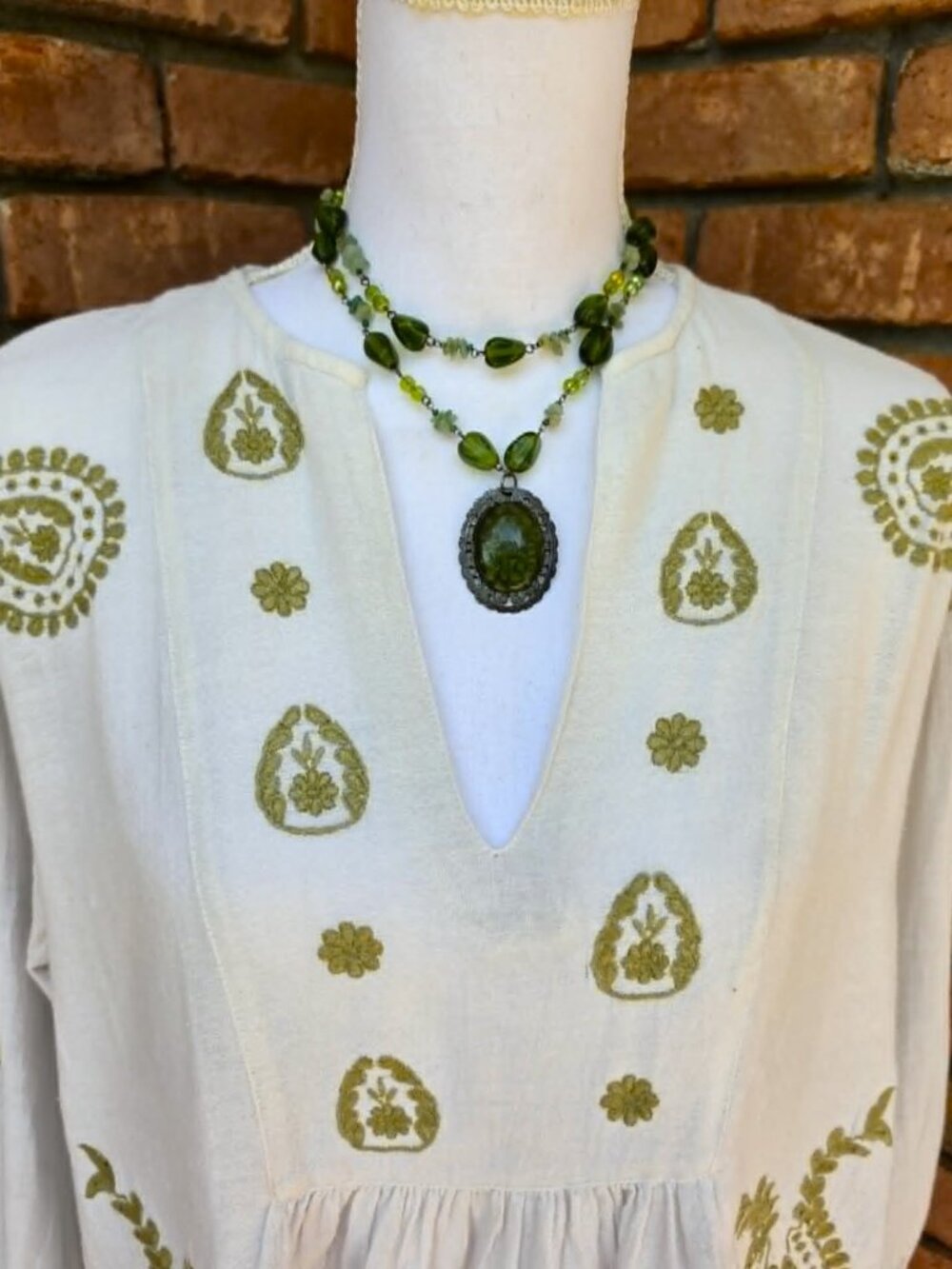 Zara Ivory Embroidered Boho Blouse Olive Green Peasant Top Flowy Sleeve Medium - Picture 3 of 12